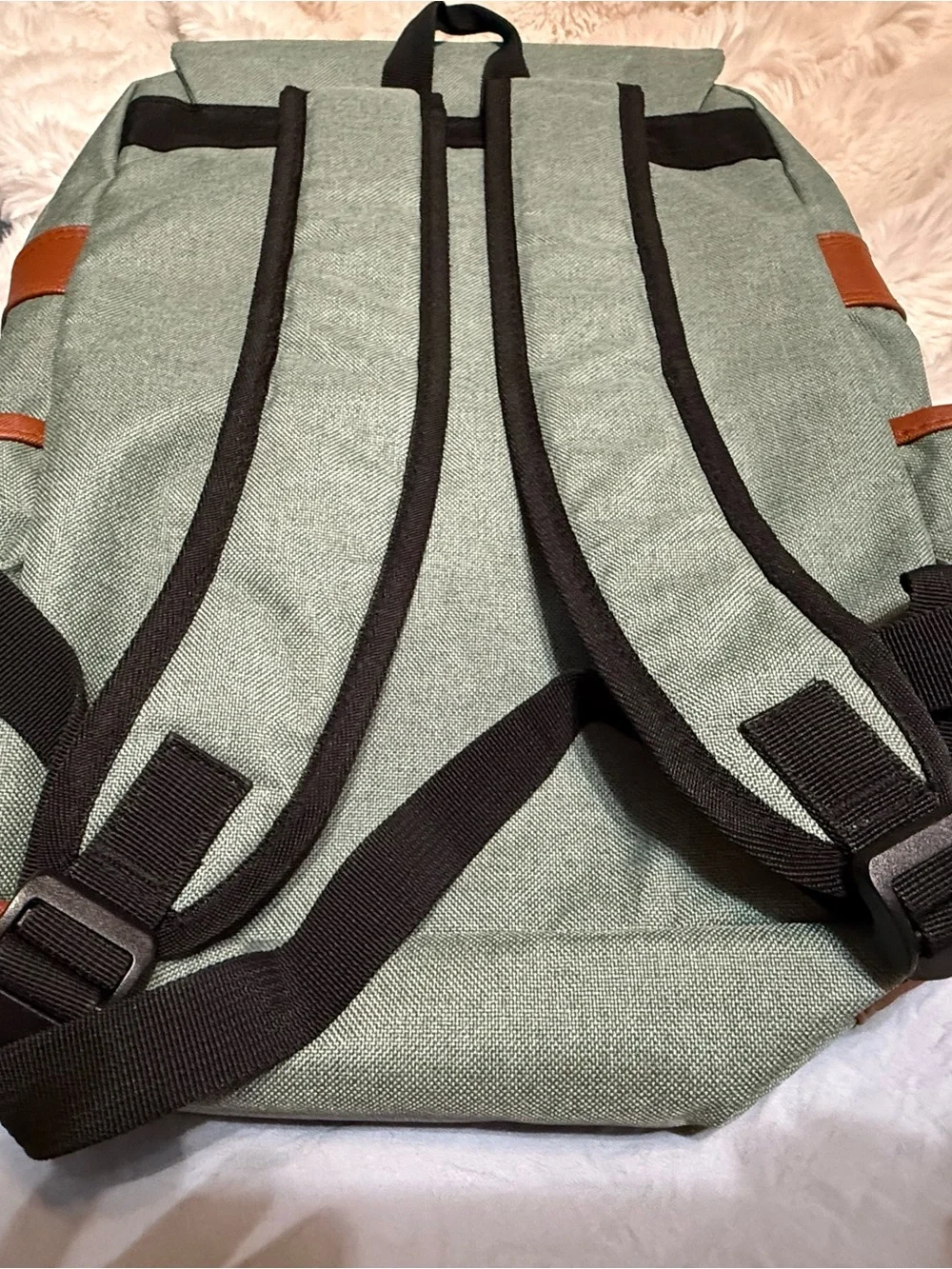 Mansion Sage Green Canvas Laptop Backpack with Brown Leather Trim